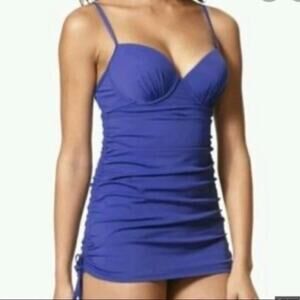 Spanx Love Your Assets Navy Push Up Stretch Ruched Swim Dress Size Medium